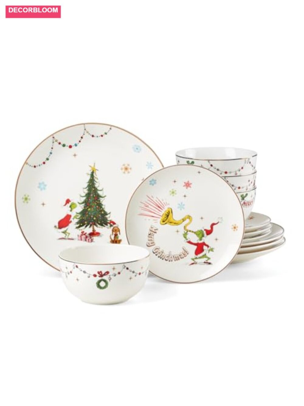 Porcelain 12-Piece Christmas Dinnerware Set for 4 Holiday Plates and Bowls
